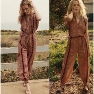 Doen Jumpsuit Sz Small Womens Goa Voile Brown Abstract Boho Sleeveless Cotton
